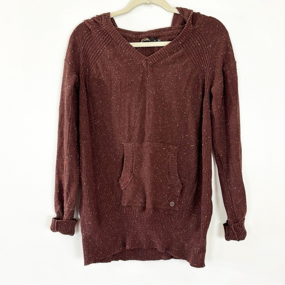 Prana Knit Organic Cotton Hooded Kangaroo Pocket Flecked Brown Sweatshirt Hoodie
